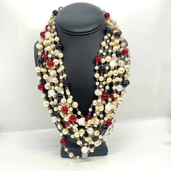 MULTI STRAND PEARL BEAD NECKLACE RED BLACK GOLD LUXE COUTURE STATEMENT 28" - Picture 3 of 12